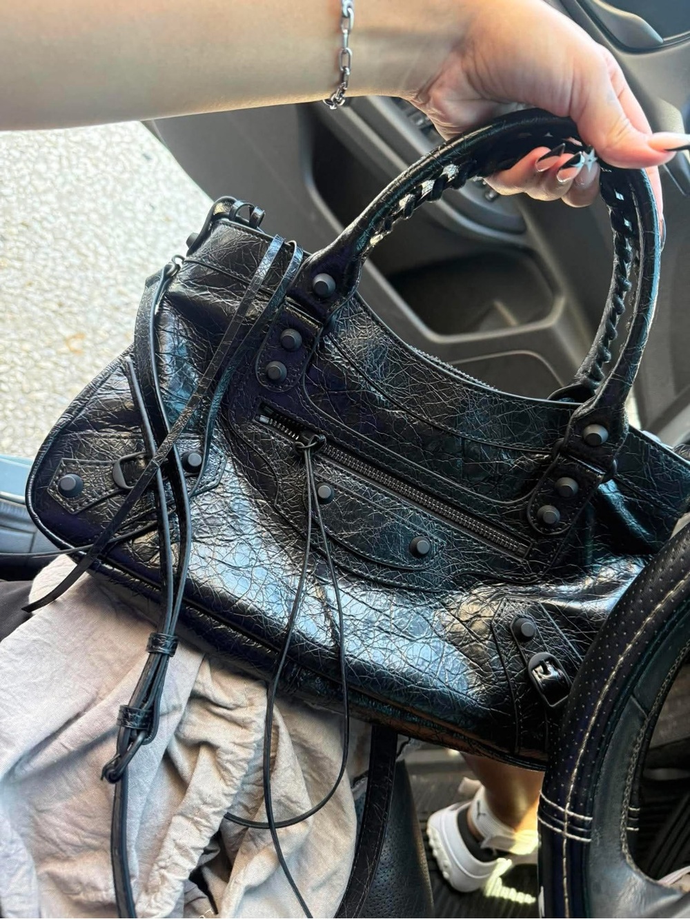Balenciaga Black Crinkled Leather Shoulder Bag with Tassel Accents